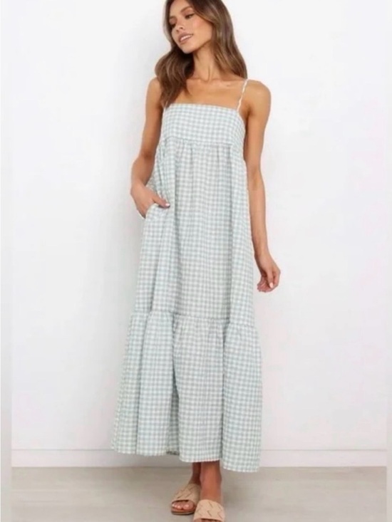 Petal & Pup Dresses & Skirts - Petal & Pup Bradley Sage Gingham Tiered Maxi Dress